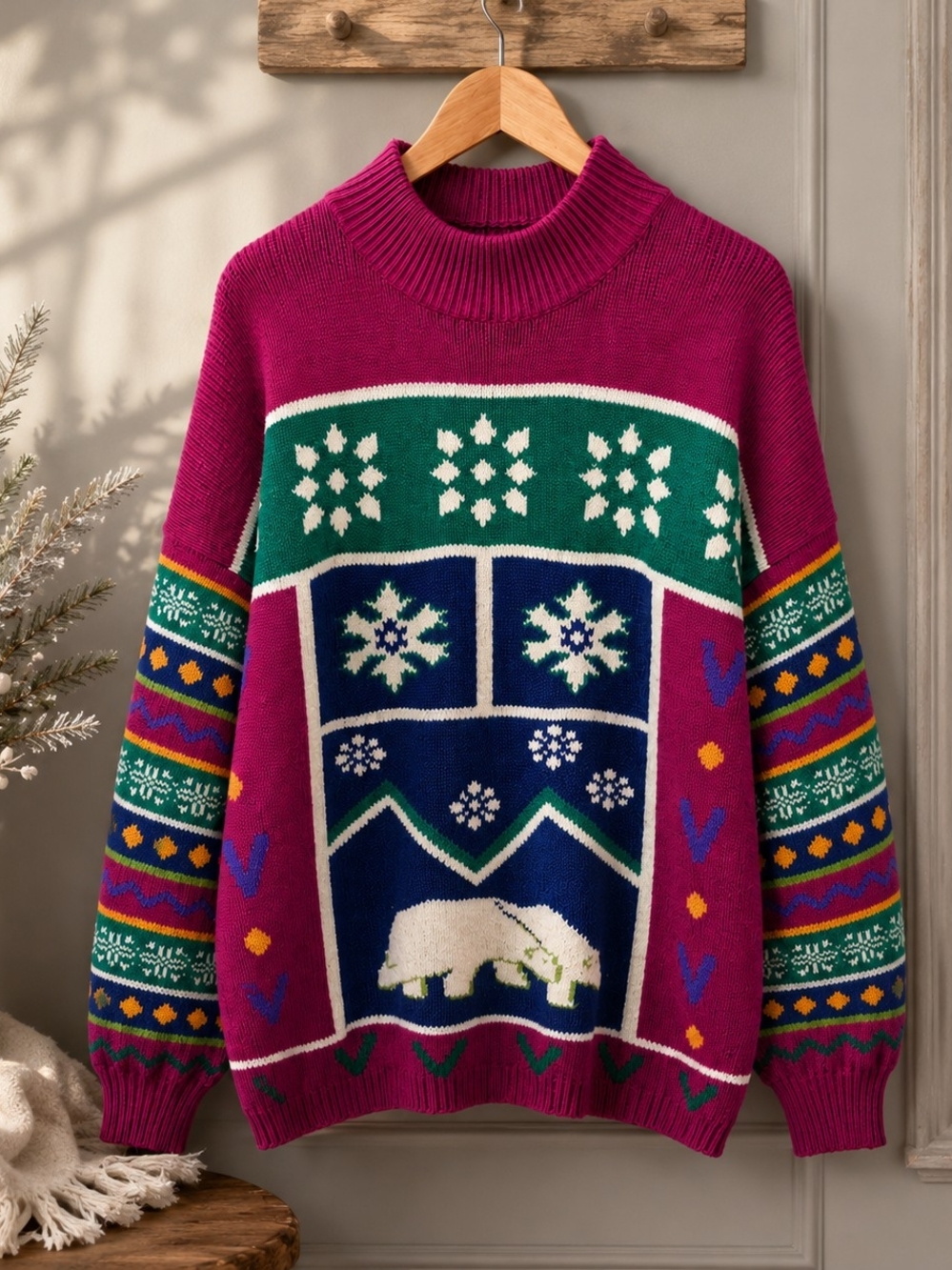 Suburbans Vintage Polar Bear Fair Isle Sweater Colorful Winter Knit Size L